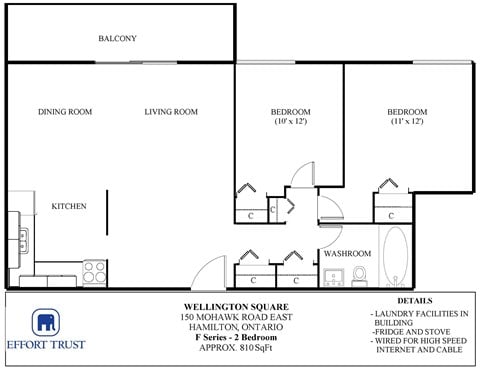 Floor plan for 2 beds, 1 bath, 900 sqft